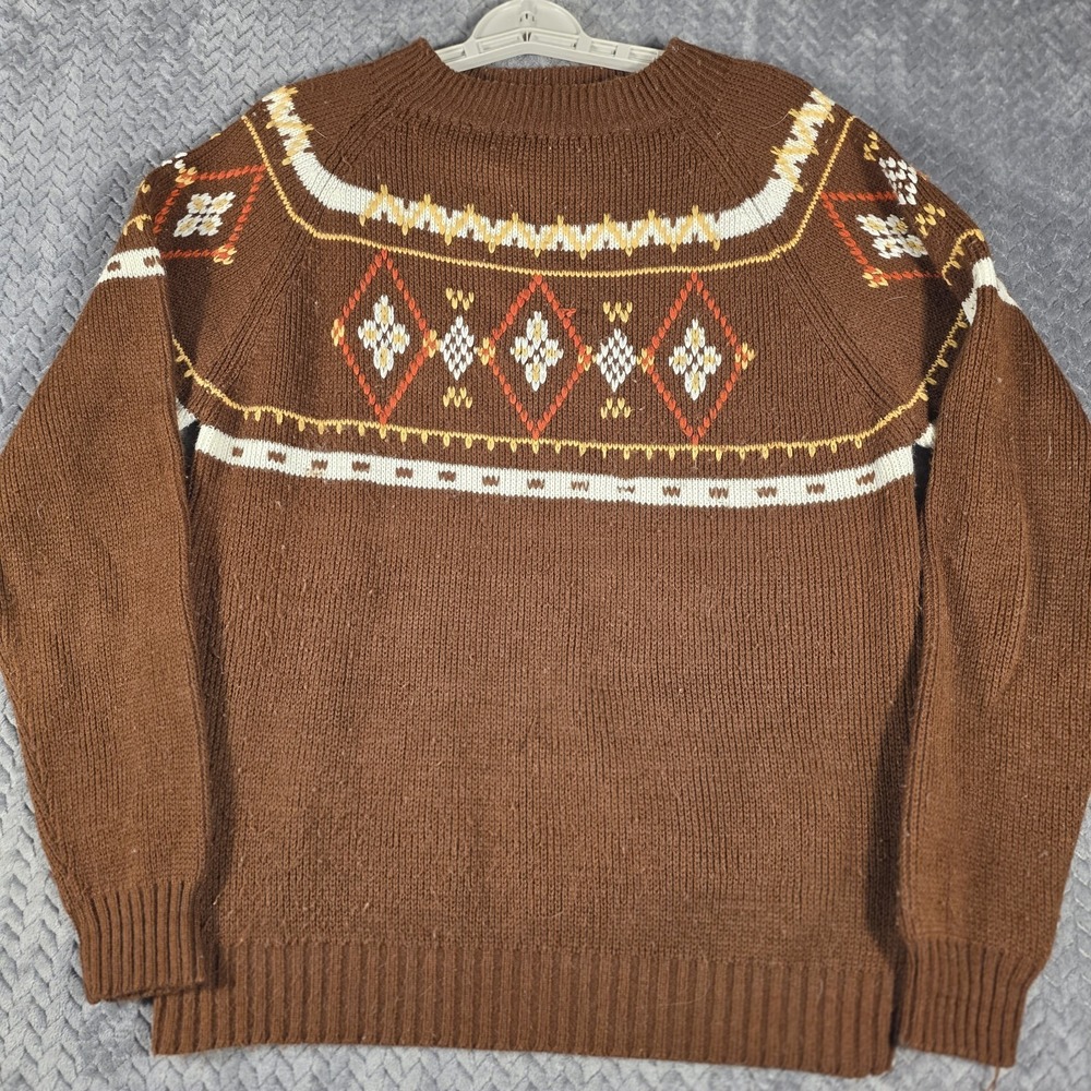 Vintage 70s Montgomery Ward Sweater Medium Brown Fair Isle Nordic Acrylic Knit